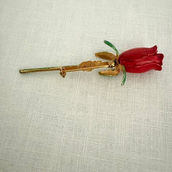 Vintage Sandor Co Red Enamel Rose Brooch Gold Tone Pin 3 Inch Floral Jewelry - Picture 10 of 11